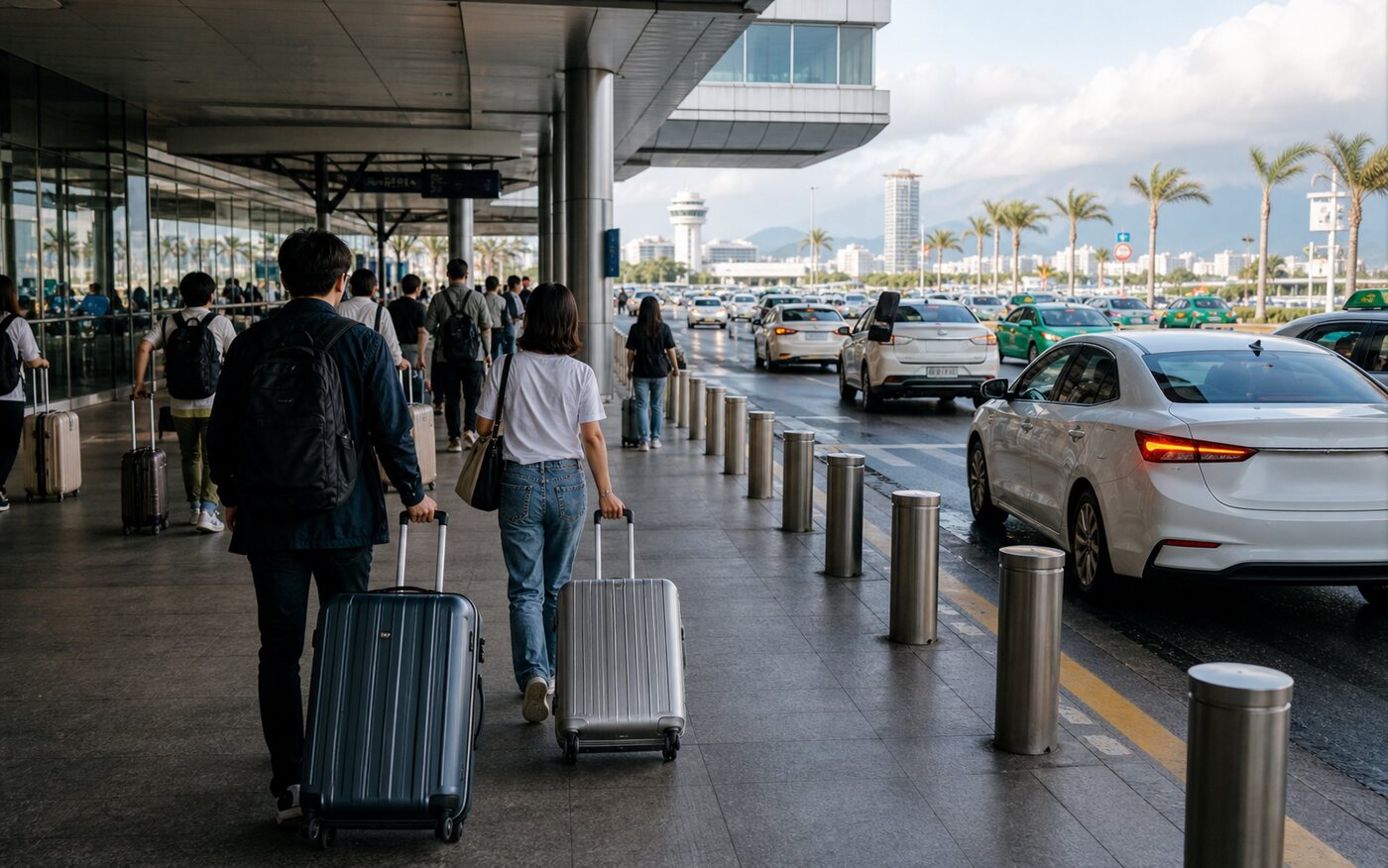 다낭 공항 앞에서 여행객과 택시가 이동하는 풍경